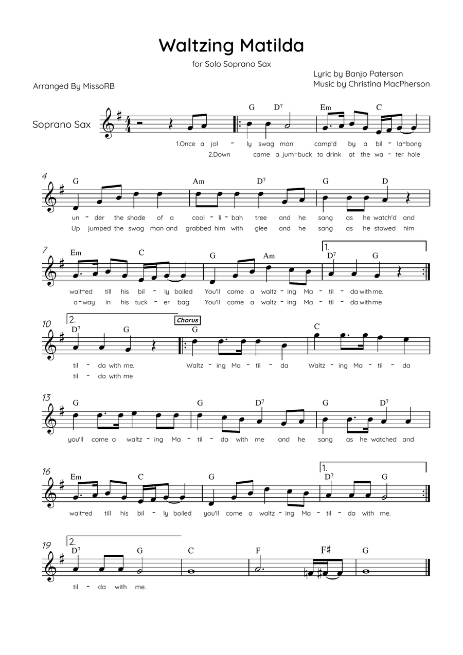 Waltzing Matilda - Solo Soprano Sax in F Major With Lyrics & Chords Soprano Saxophone scores gallery preview page 1