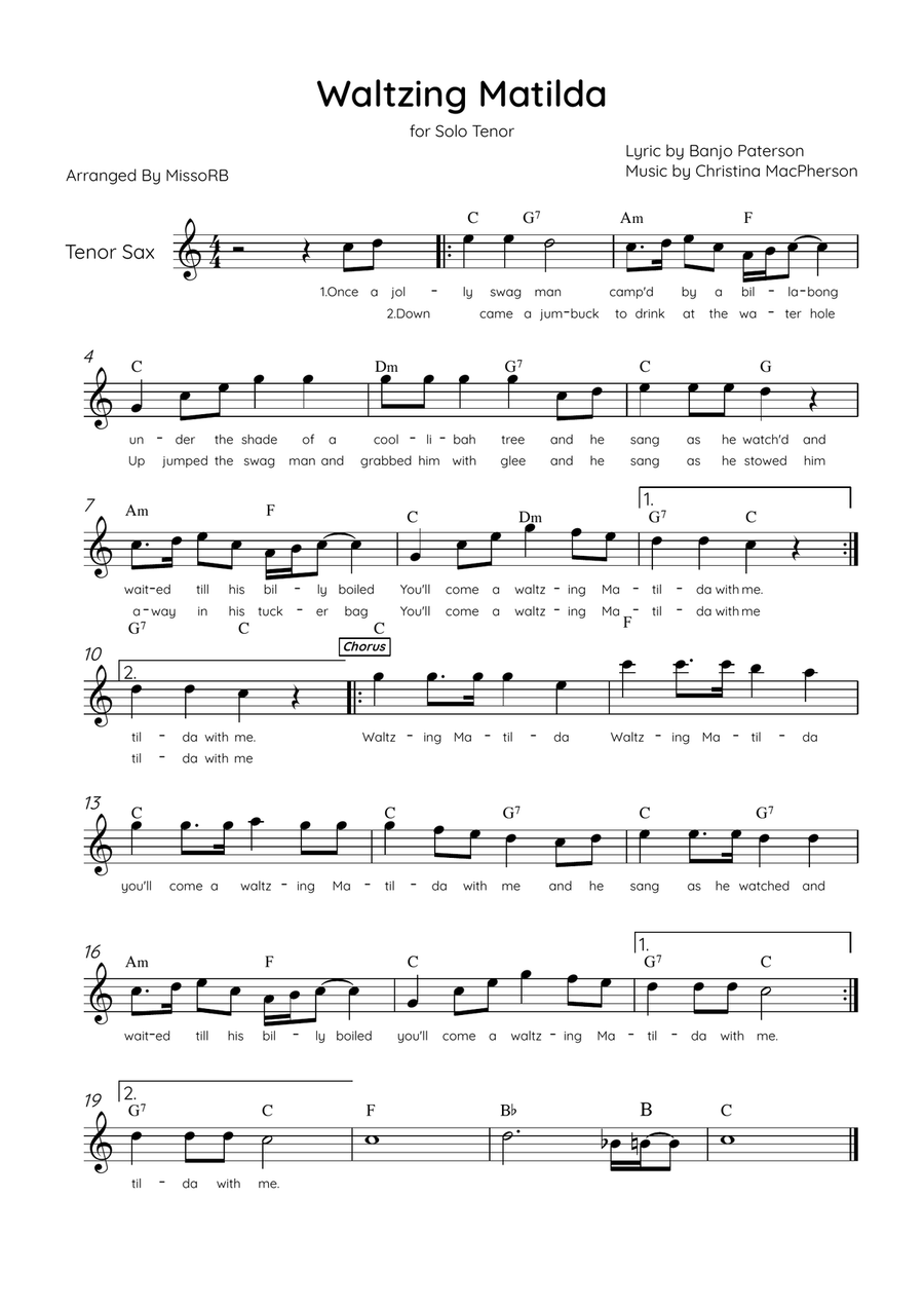 Waltzing Matilda - Solo Tenor Sax in Bb Major With Lyrics & Chords Tenor Saxophone scores gallery preview page 1