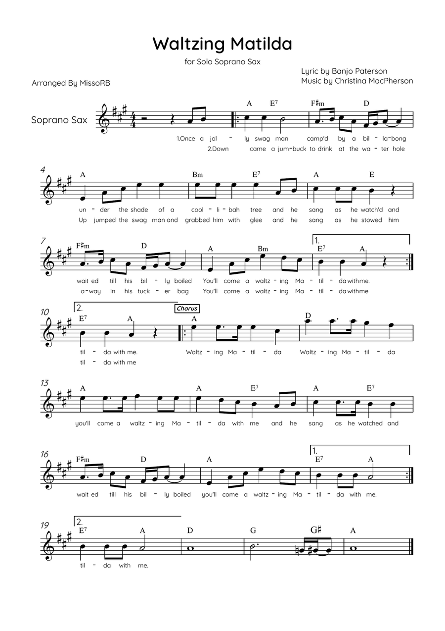 Waltzing Matilda - Solo Soprano Sax in G Major With Lyrics & Chords Soprano Saxophone scores gallery preview page 1