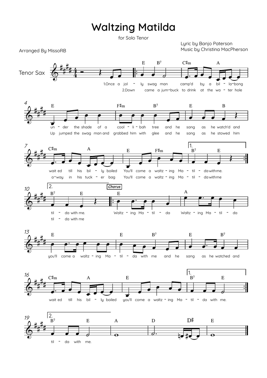 Waltzing Matilda - Solo Tenor Sax in D Major With Lyrics & Chords Tenor Saxophone scores gallery preview page 1