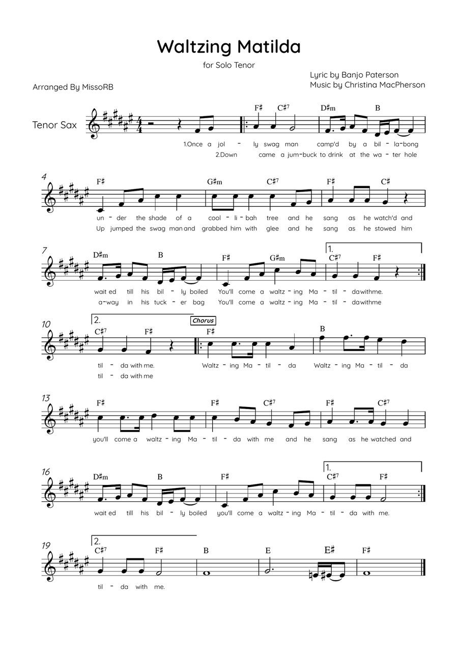 Waltzing Matilda - Solo Tenor Sax in E Major With Lyrics & Chords Tenor Saxophone scores gallery preview page 1