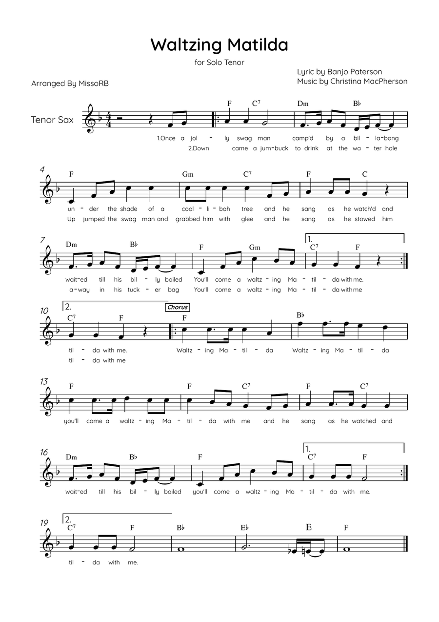 Waltzing Matilda - Solo Tenor Sax in Eb Major With Lyrics & Chords Tenor Saxophone scores gallery preview page 1