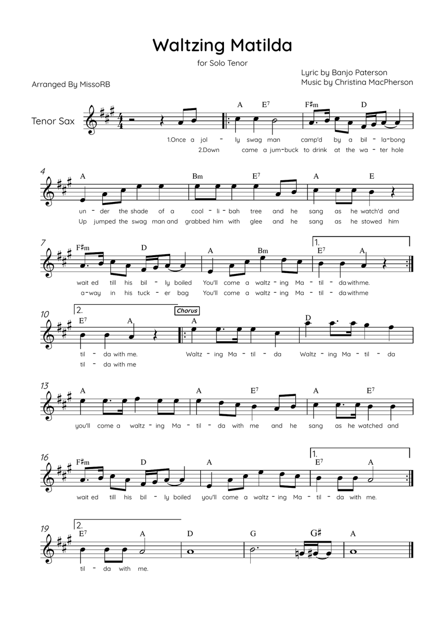 Waltzing Matilda - Solo Tenor Sax in G Major With Lyrics & Chords Tenor Saxophone scores gallery preview page 1