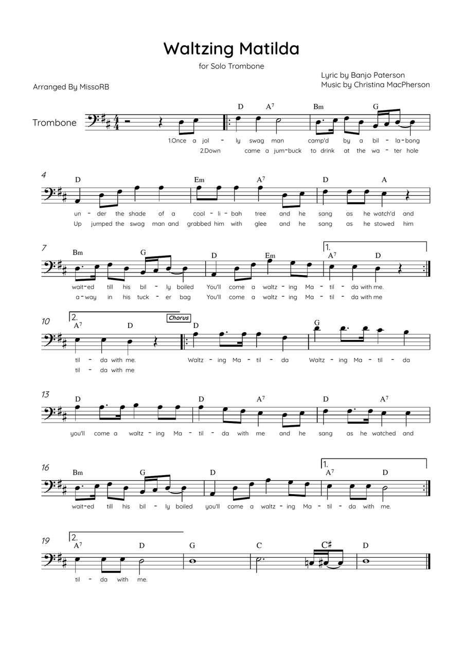 Waltzing Matilda - Solo Trombone in D Major With Lyrics & Chords Trombone Solo scores gallery preview page 1