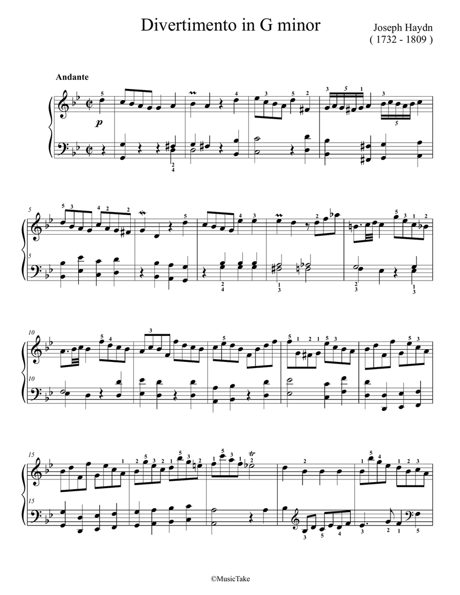 Haydn Divertimento in G minor Easy Piano scores gallery preview page 1