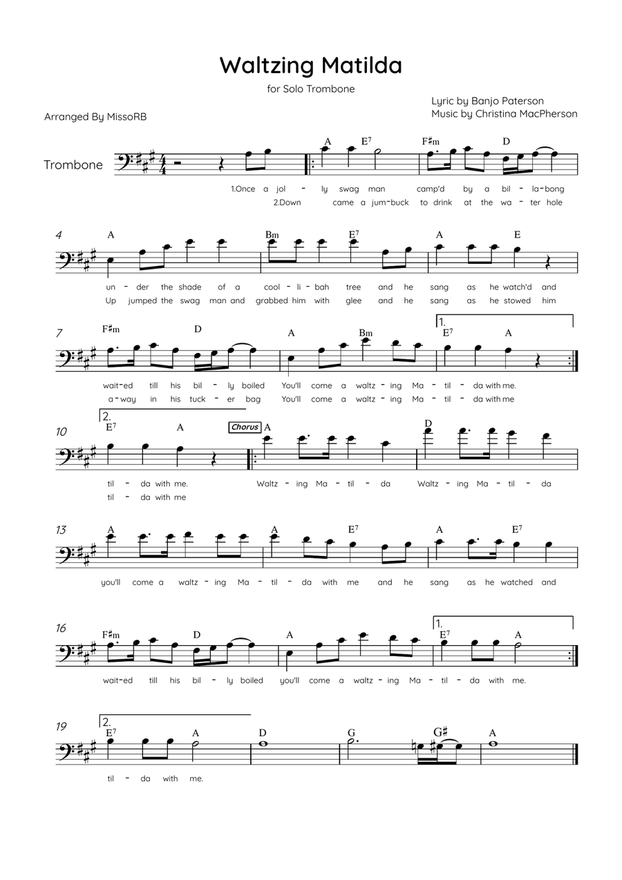 Waltzing Matilda - Solo Trombone in A Major With Lyrics & Chords Trombone Solo scores gallery preview page 1