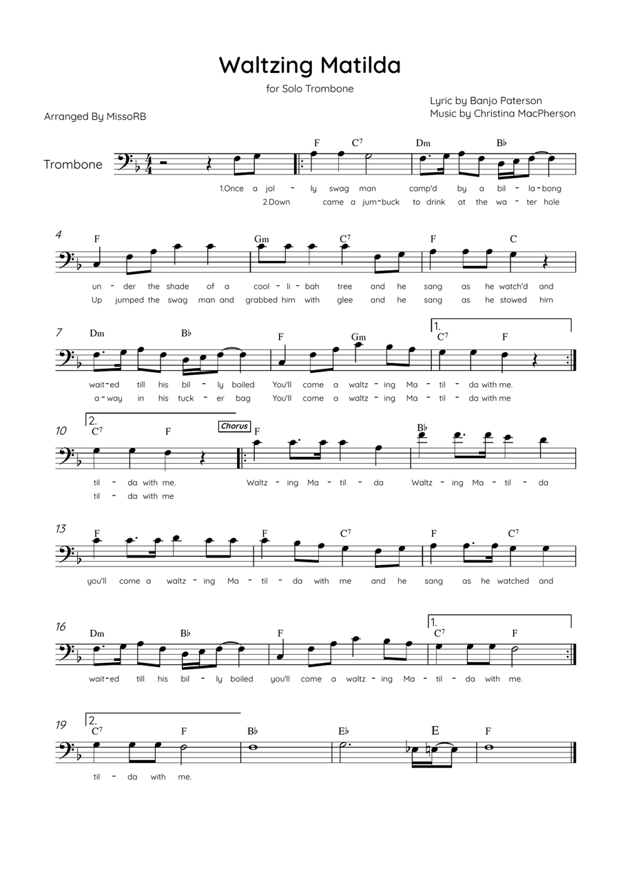 Waltzing Matilda - Solo Trombone in F Major With Lyrics & Chords Trombone Solo scores gallery preview page 1