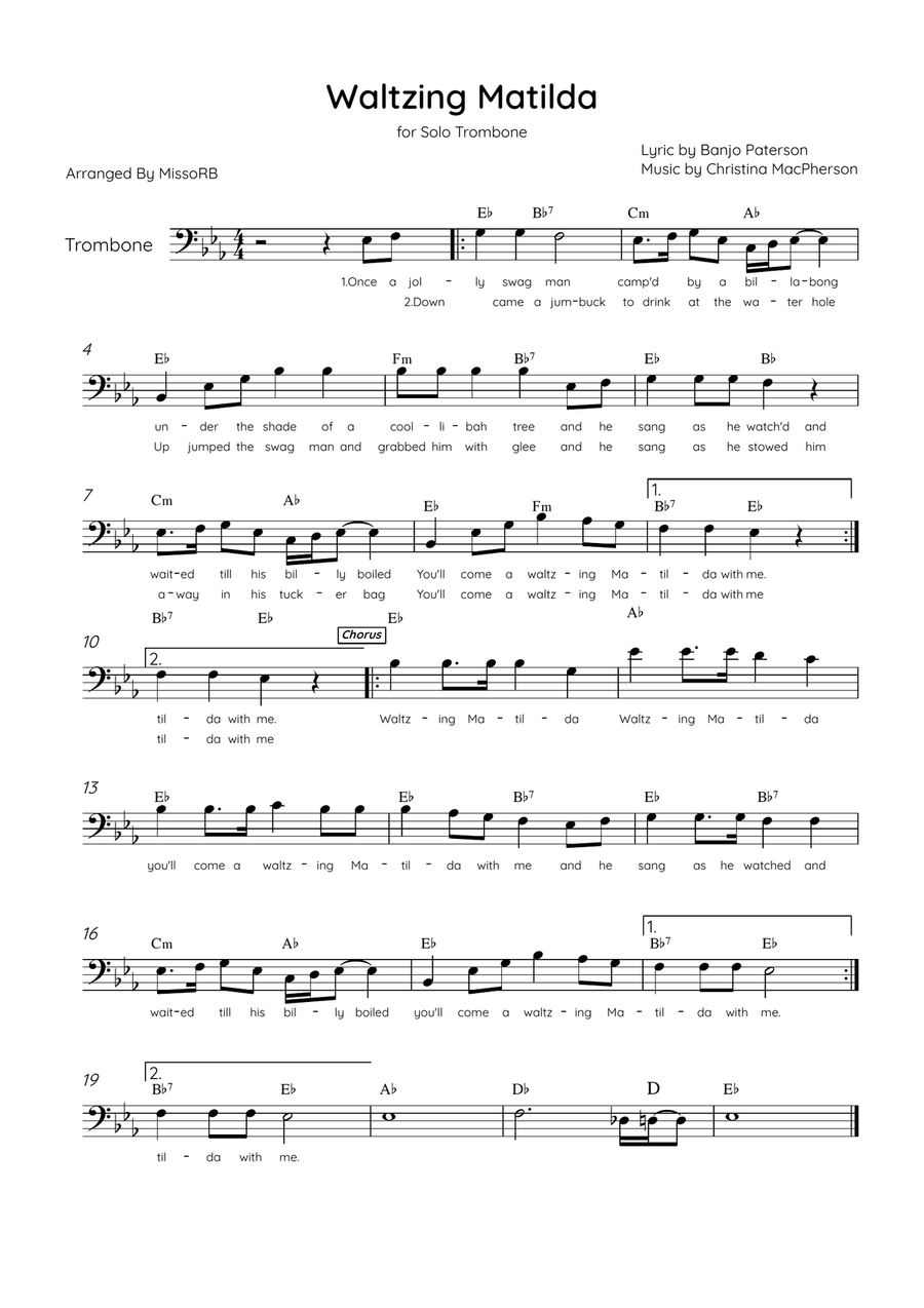 Waltzing Matilda - Solo Trombone in Eb Major With Lyrics & Chords Trombone Solo scores gallery preview page 1