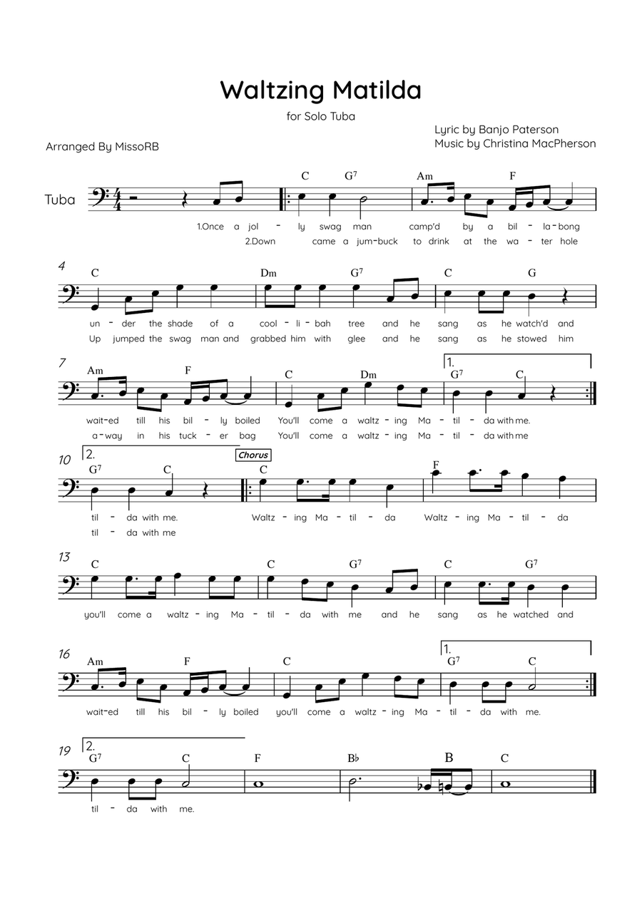 Waltzing Matilda - Solo Tuba in C Major With Lyrics & Chords Tuba scores gallery preview page 1