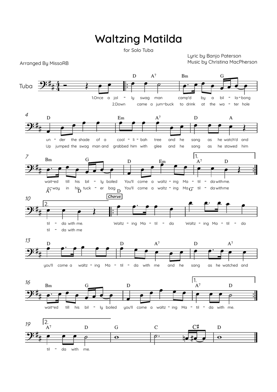 Waltzing Matilda - Solo Tuba in D Major With Lyrics & Chords Tuba scores gallery preview page 1