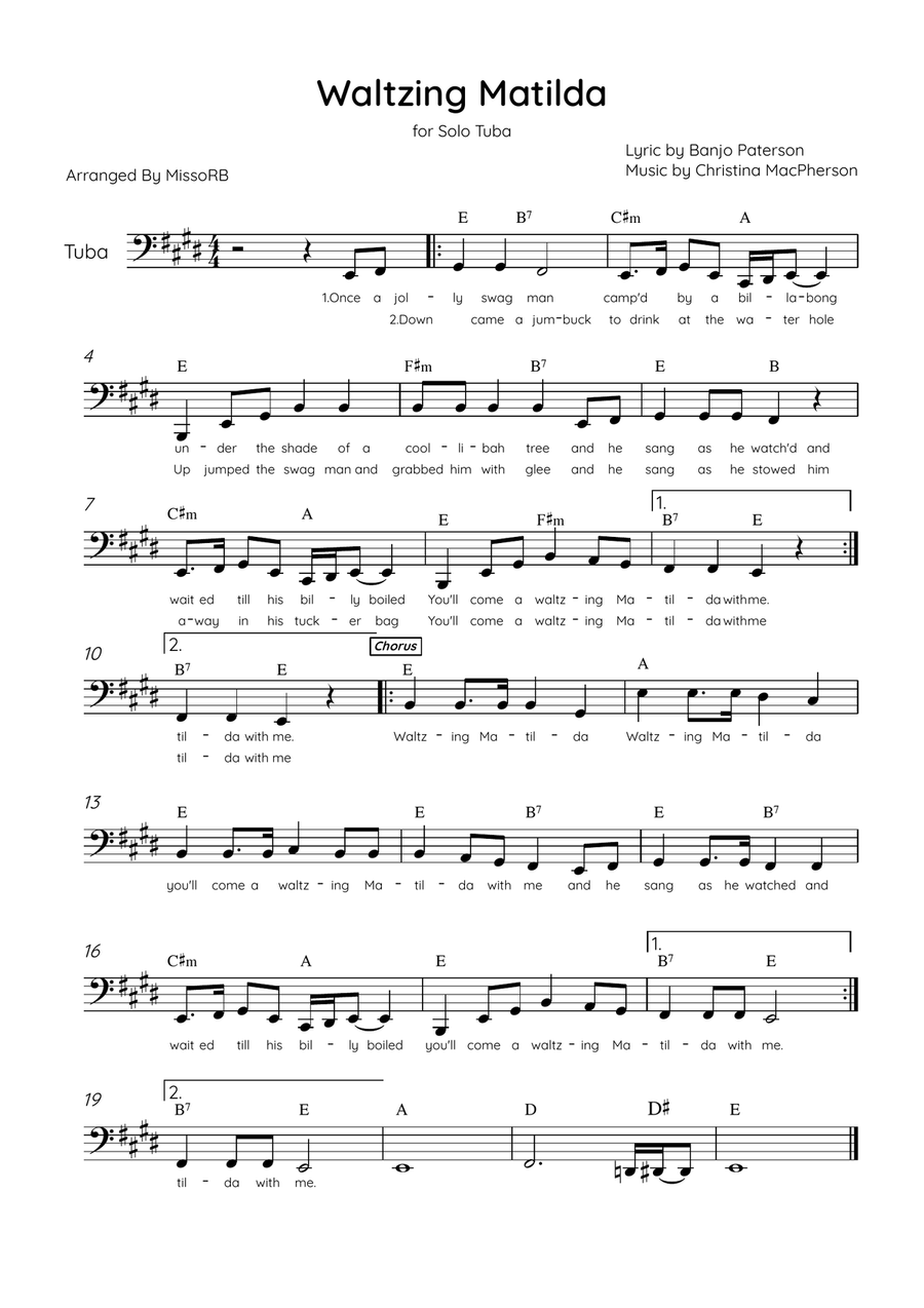 Waltzing Matilda - Solo Tuba in E Major With Lyrics & Chords Tuba scores gallery preview page 1