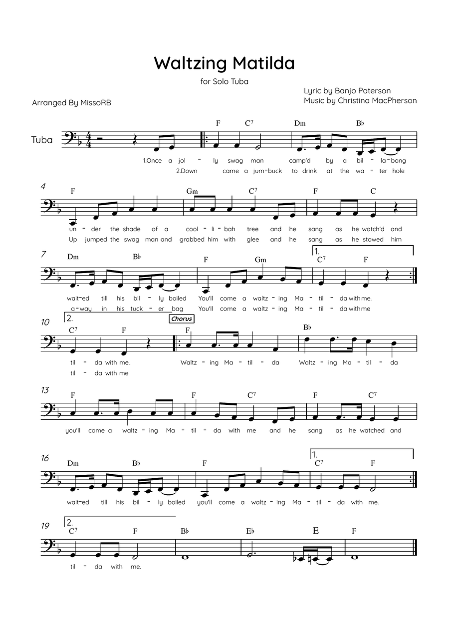 Waltzing Matilda - Solo Tuba in F Major With Lyrics & Chords Tuba scores gallery preview page 1