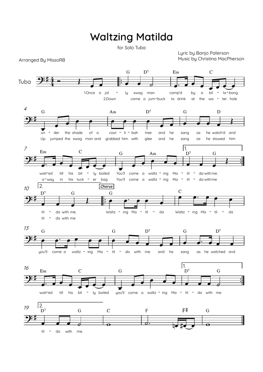 Waltzing Matilda - Solo Tuba in G Major With Lyrics & Chords Tuba scores gallery preview page 1