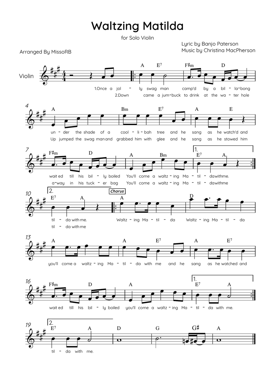 Waltzing Matilda - Solo Violin in A Major With Lyrics & Chords Violin Solo scores gallery preview page 1