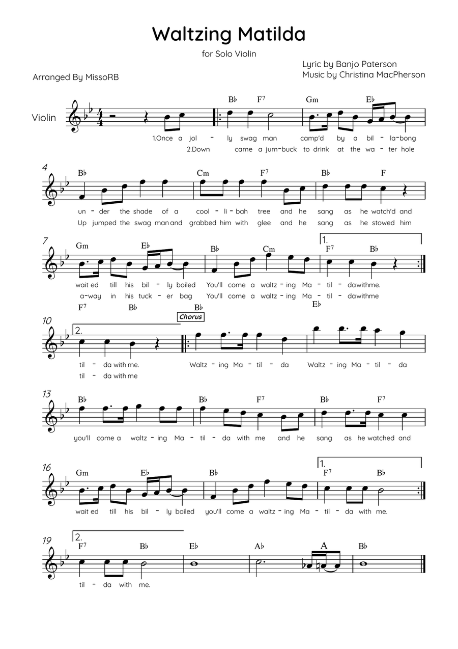 Waltzing Matilda - Solo Violin in Bb Major With Lyrics & Chords Violin Solo scores gallery preview page 1
