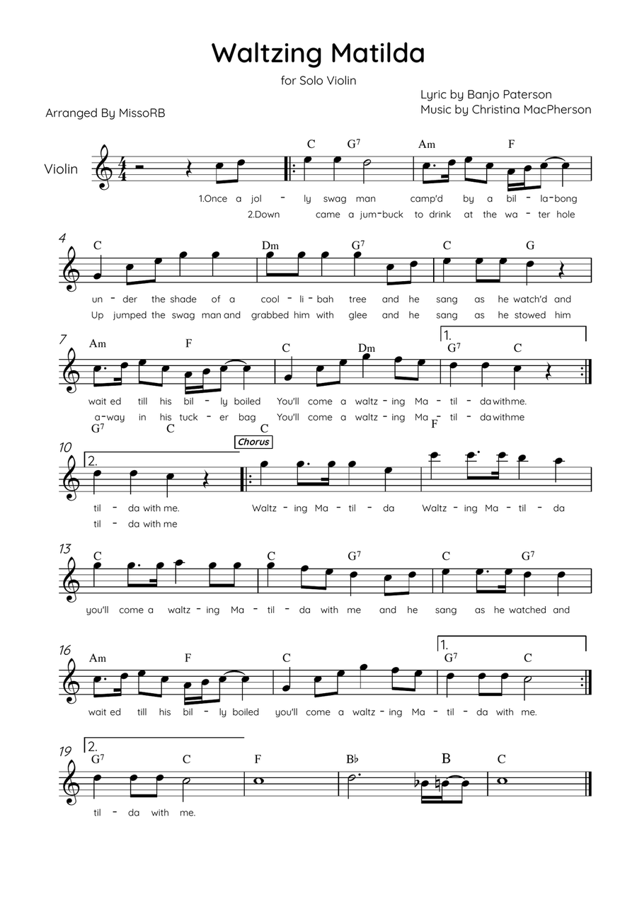 Waltzing Matilda - Solo Violin in C Major With Lyrics & Chords Violin Solo scores gallery preview page 1