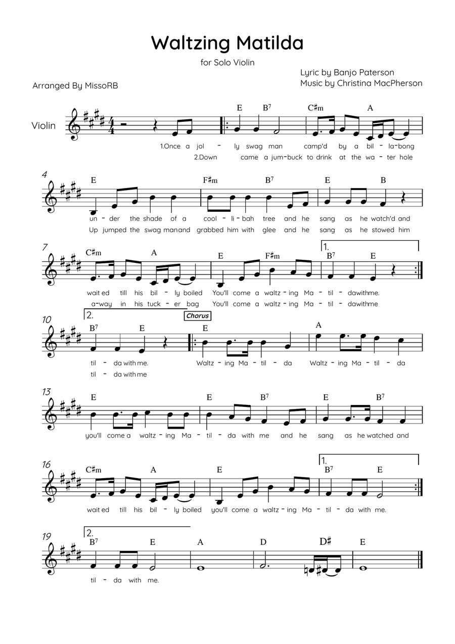 Waltzing Matilda - Solo Violin in E Major With Lyrics & Chords Violin Solo scores gallery preview page 1