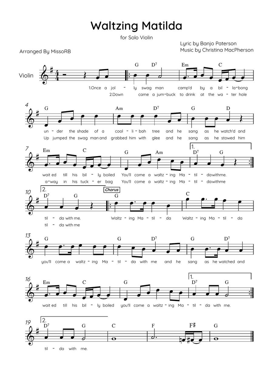 Waltzing Matilda - Solo Violin in G Major With Lyrics & Chords Violin Solo scores gallery preview page 1