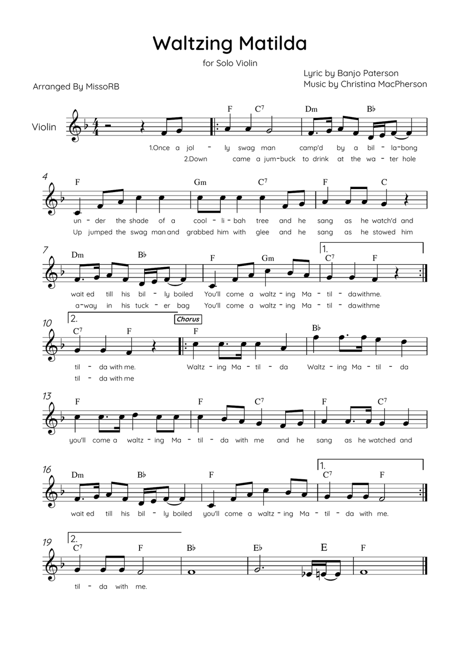 Waltzing Matilda - Solo Violin in F Major With Lyrics & Chords Violin Solo scores gallery preview page 1