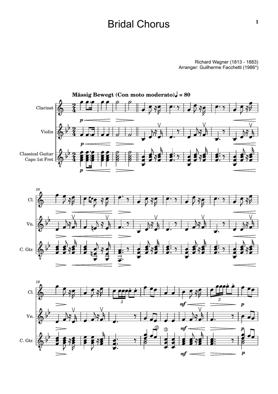 Bridal Chorus. R. Wagner - Clarinet, Violin and Guitar. Score and Parts. Small Ensemble scores gallery preview page 1