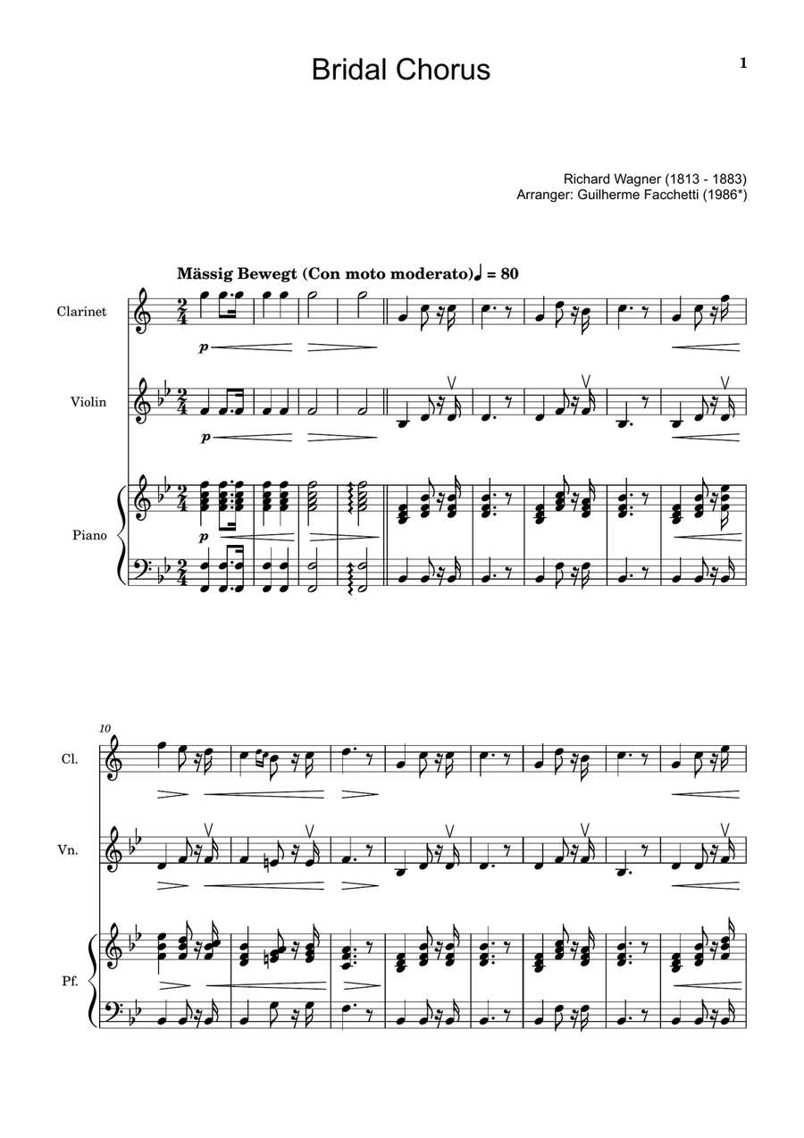 Bridal Chorus. R. Wagner - Clarinet, Violin and Piano. Score and Parts. Chamber Music scores gallery preview page 1
