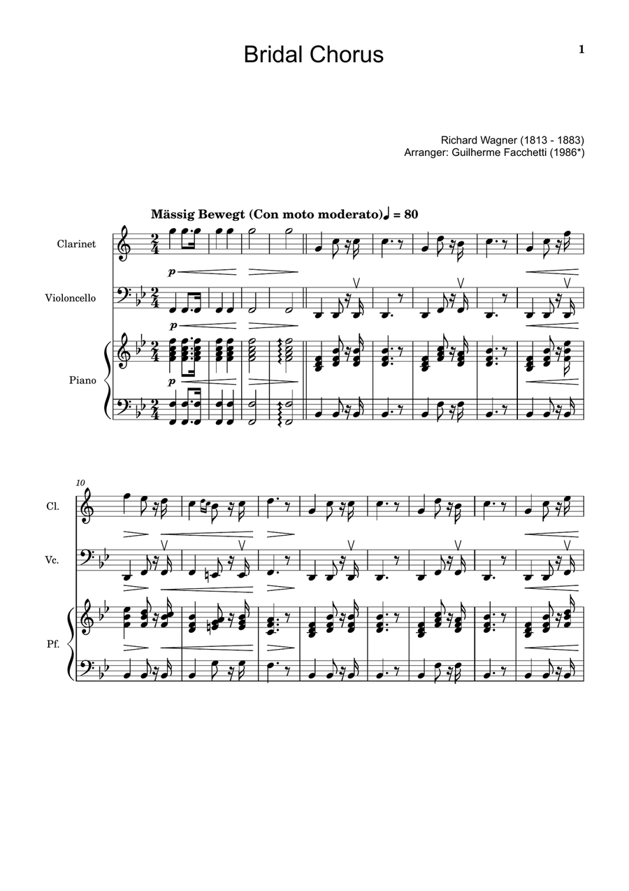 Bridal Chorus. R. Wagner - Clarinet, Cello and Piano. Score and Parts. Chamber Music scores gallery preview page 1