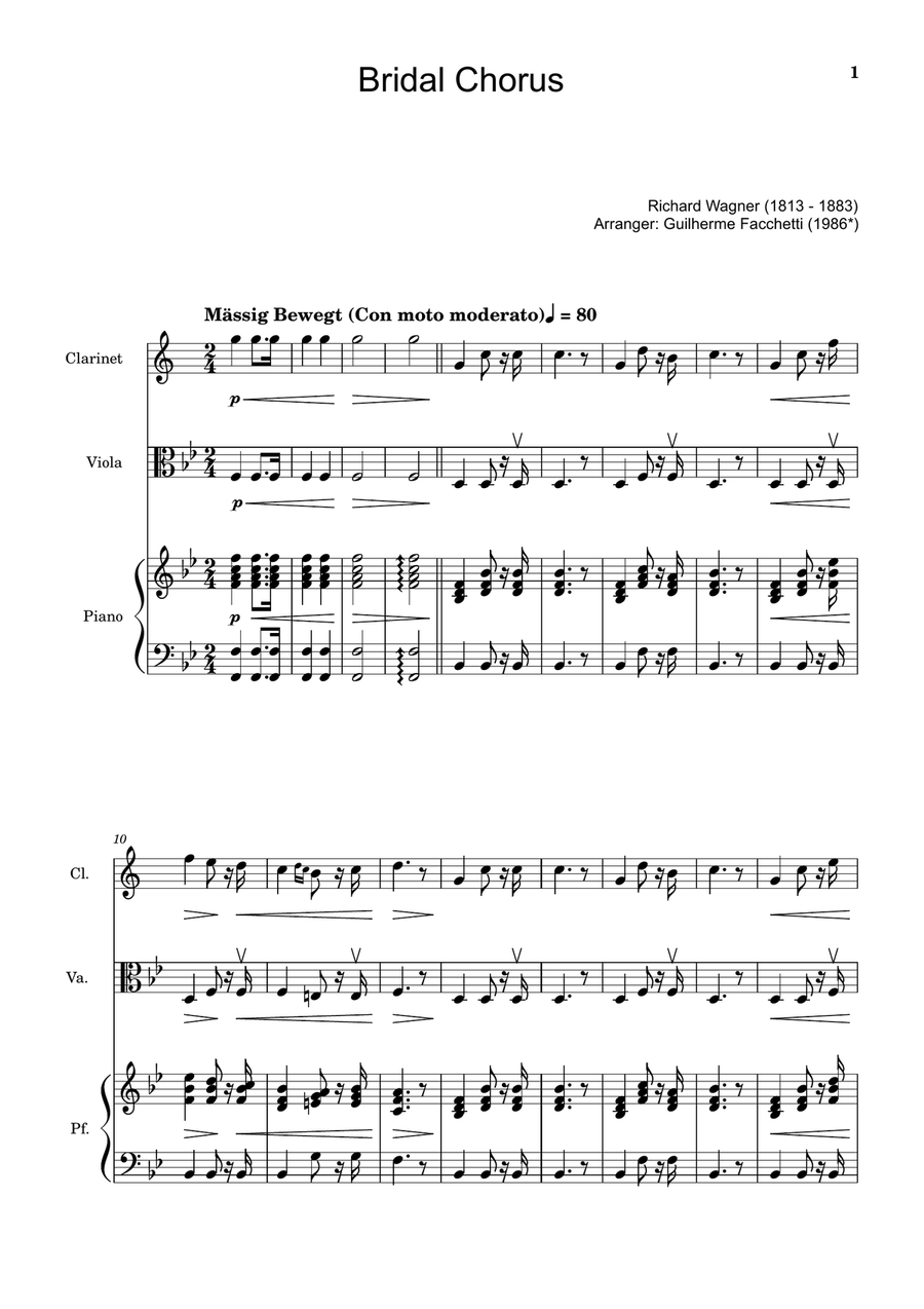 Bridal Chorus. R. Wagner - Clarinet, Viola and Piano. Score and Parts. Chamber Music scores gallery preview page 1
