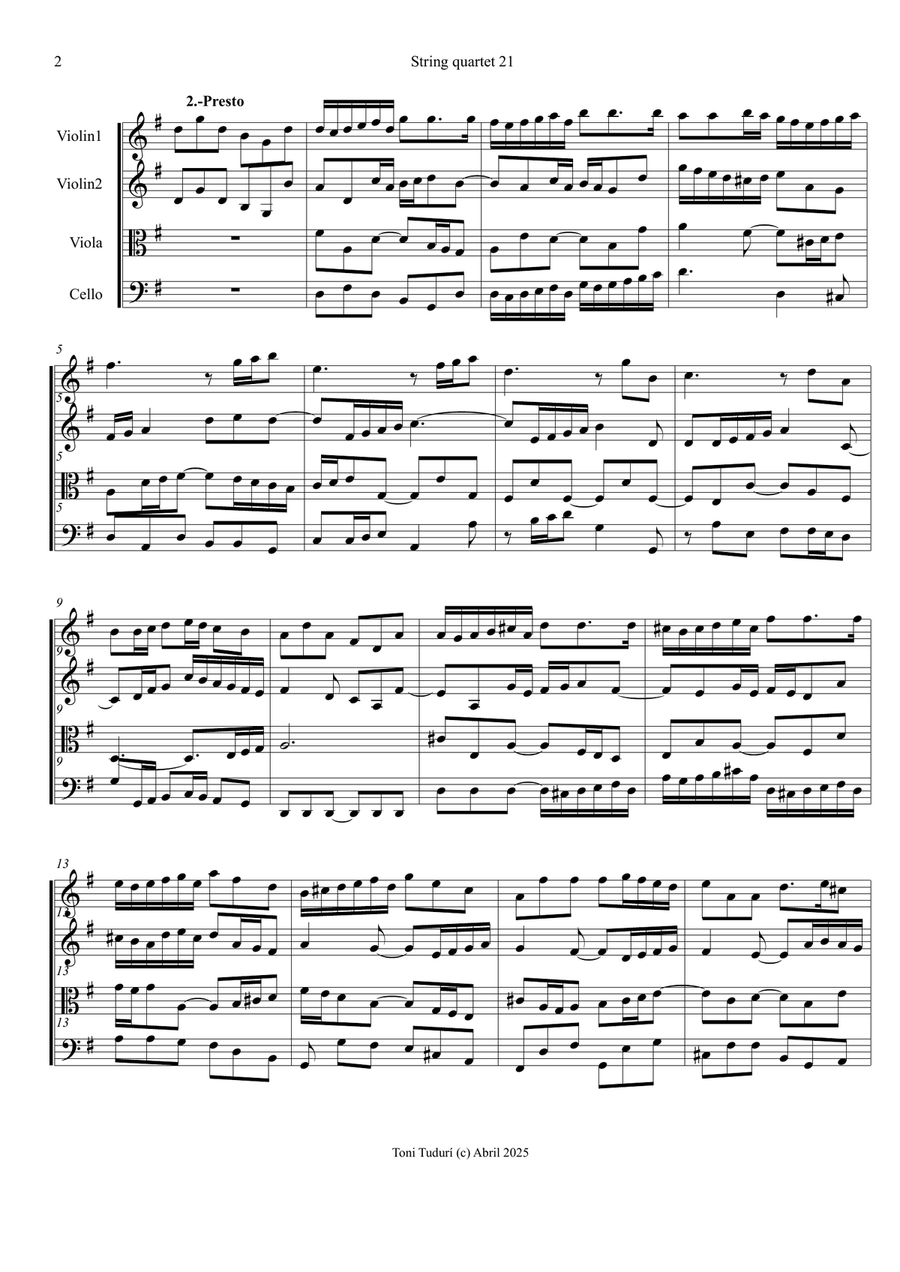 String quartet 21 - String quart. of Violin Sonata nº 4 in G Major of Elisabeth J.de la Guerre String Quartet scores gallery preview page 2