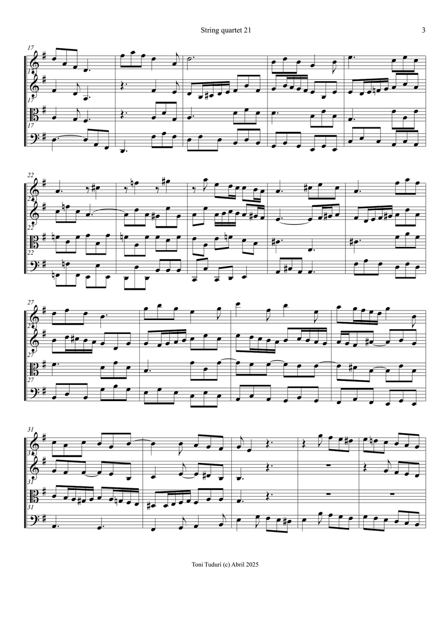 String quartet 21 - String quart. of Violin Sonata nº 4 in G Major of Elisabeth J.de la Guerre String Quartet scores gallery preview page 3