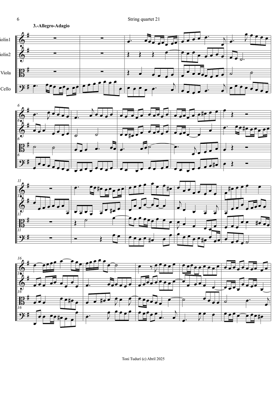 String quartet 21 - String quart. of Violin Sonata nº 4 in G Major of Elisabeth J.de la Guerre String Quartet scores gallery preview page 6