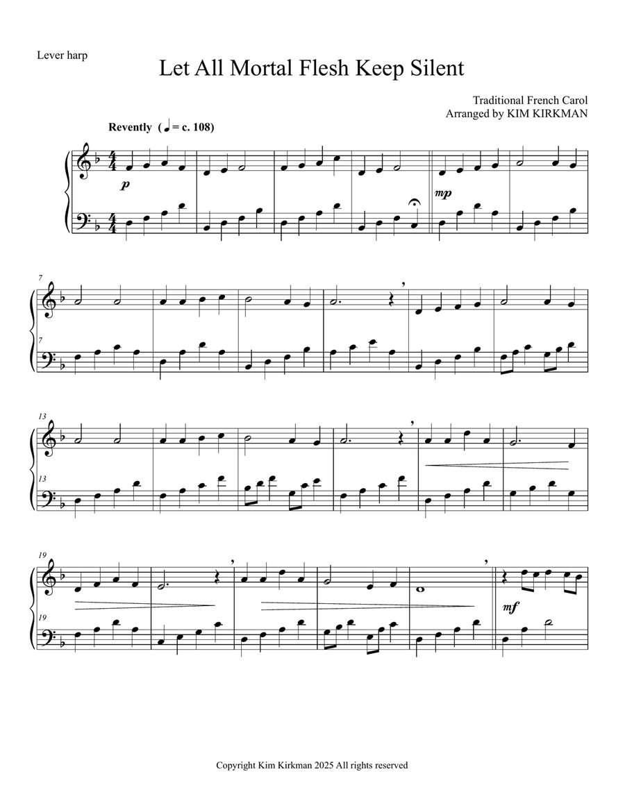 Let All Mortal Flesh Keep Silent - arranged for lever harp in D minor Celtic Harp scores gallery preview page 1