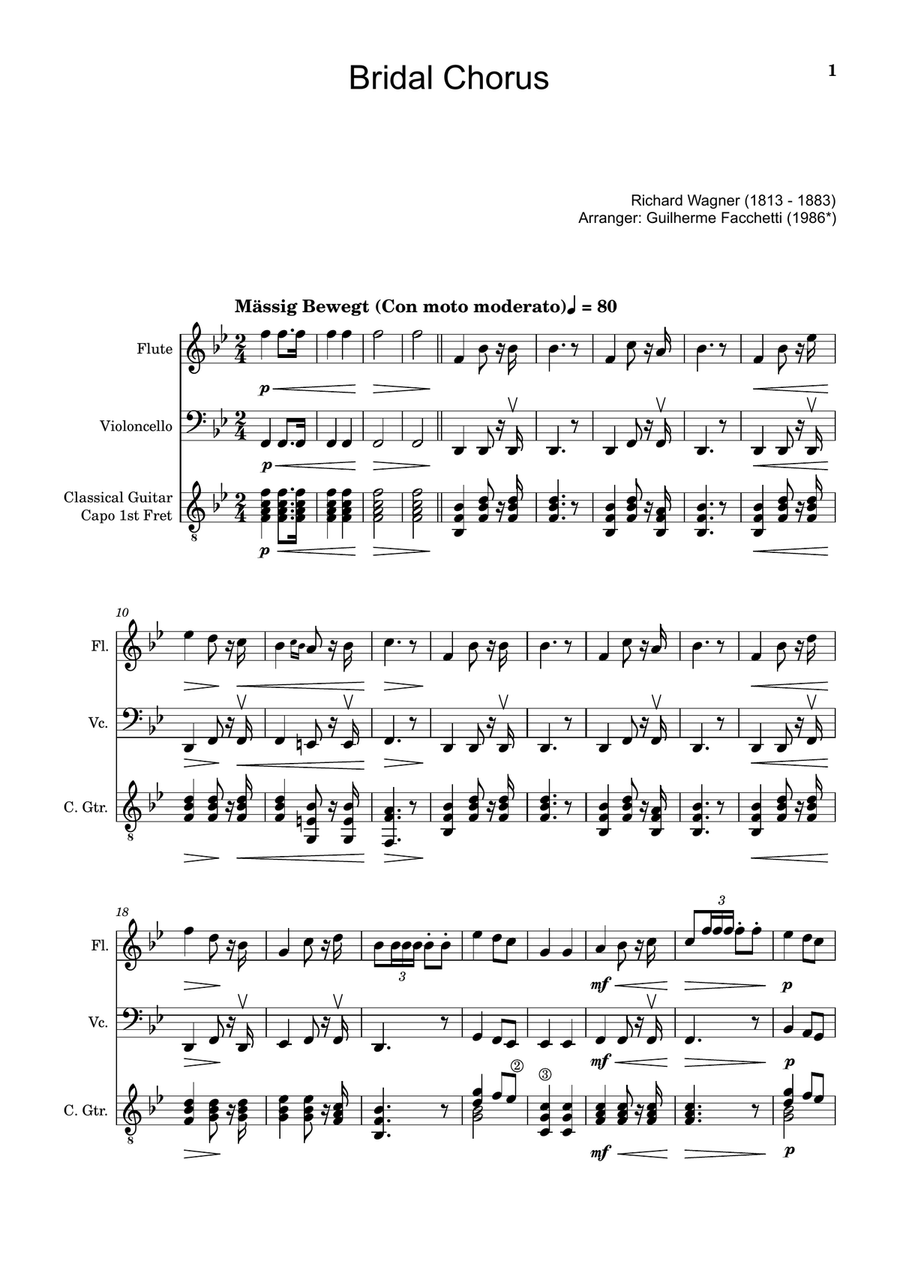Bridal Chorus. R. Wagner - Flute, Cello and Guitar. Score and Parts. Small Ensemble scores gallery preview page 1