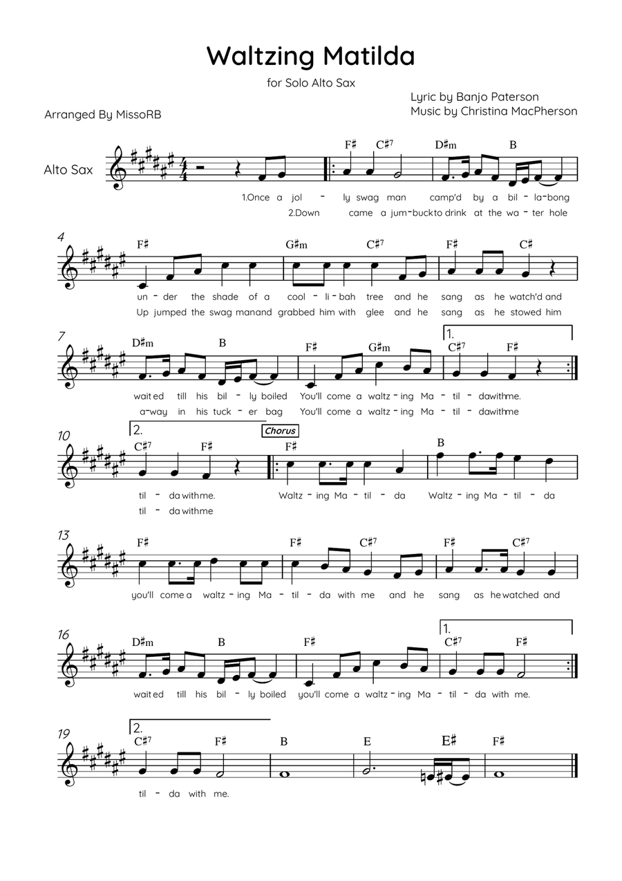Waltzing Matilda - Alto Sax & Piano in A Major With Lyrics & Chords Alto Saxophone scores gallery preview page 1