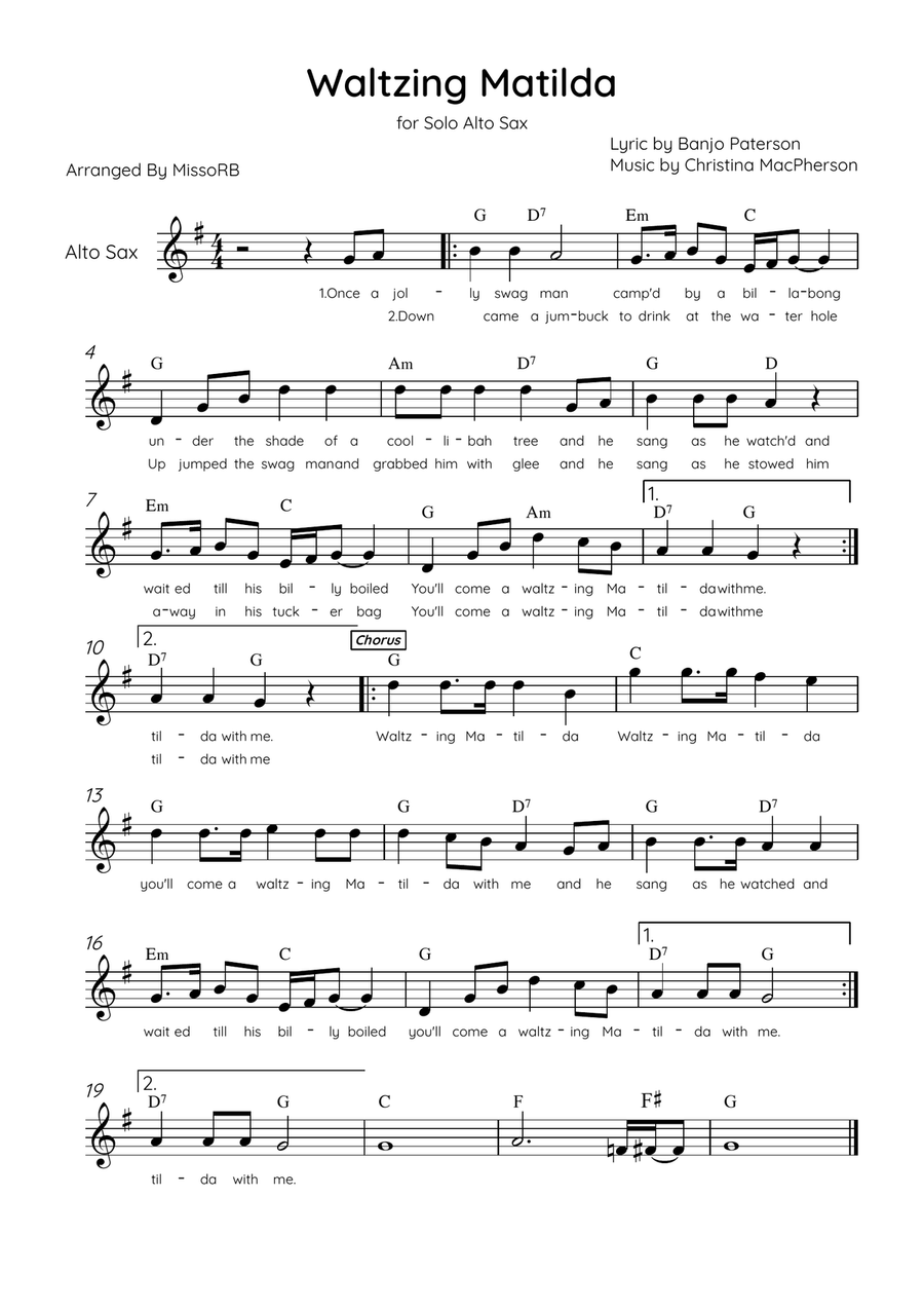 Waltzing Matilda - Alto Sax & Piano in Bb Major With Lyrics & Chords Alto Saxophone scores gallery preview page 1