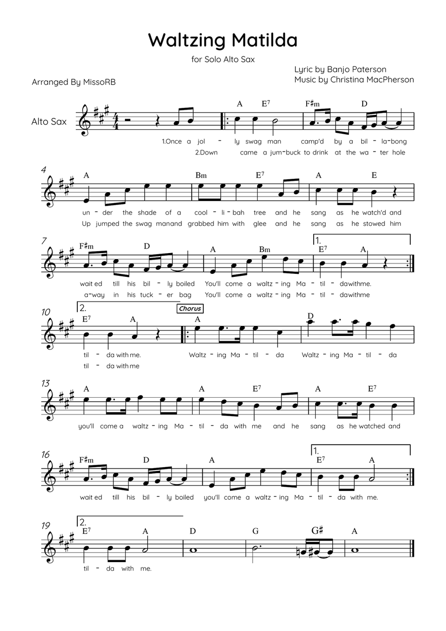 Waltzing Matilda - Alto Sax & Piano in C Major With Lyrics & Chords Alto Saxophone scores gallery preview page 1