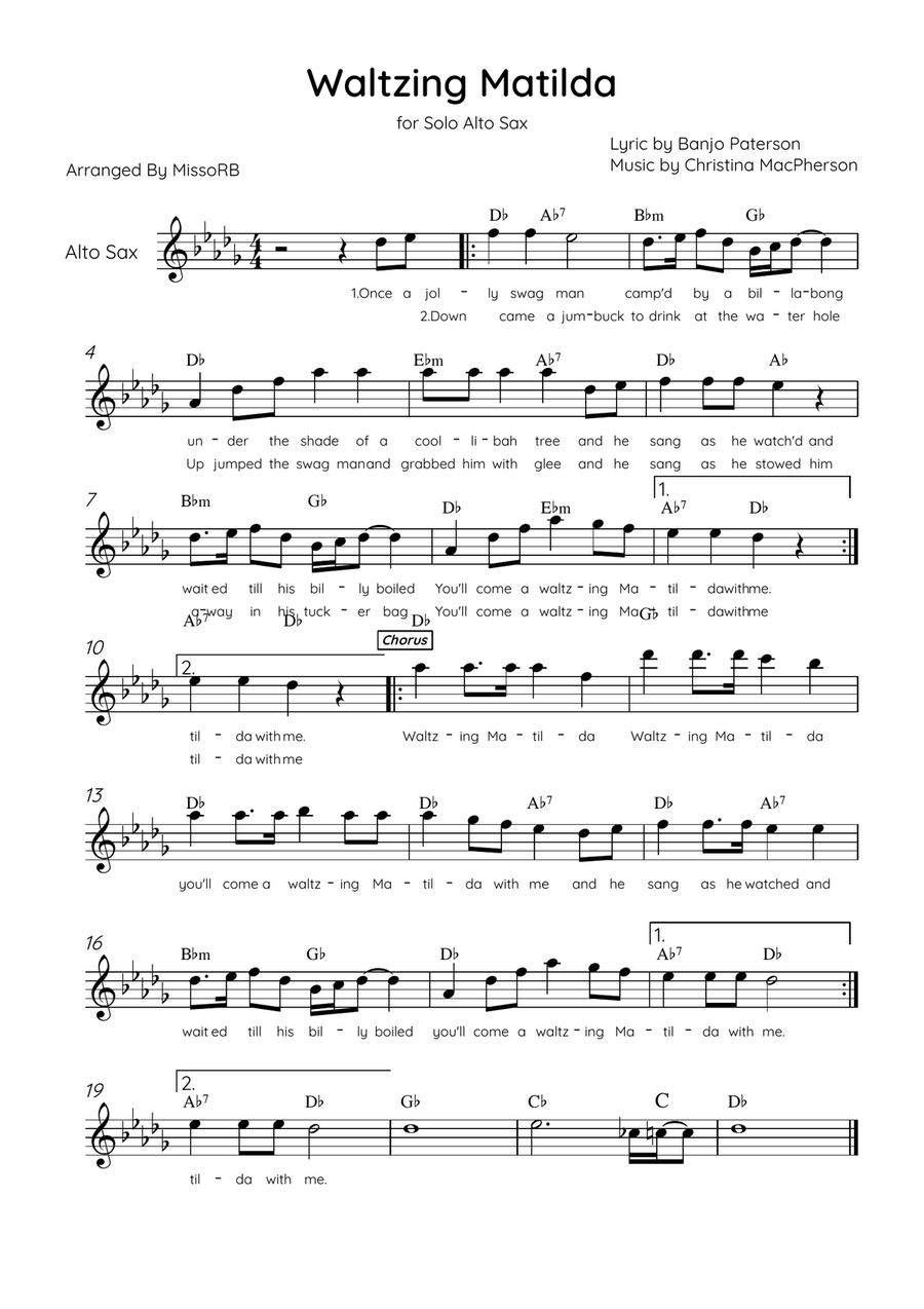 Waltzing Matilda - Alto Sax & Piano in E Major With Lyrics & Chords Alto Saxophone scores gallery preview page 1