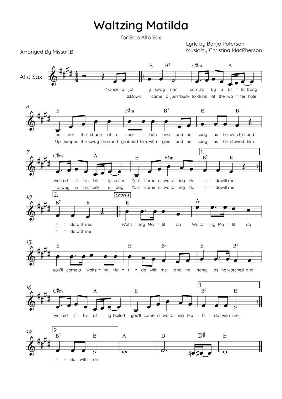 Waltzing Matilda - Alto Sax & Piano in A Major With Lyrics & Chords Alto Saxophone scores gallery preview page 1