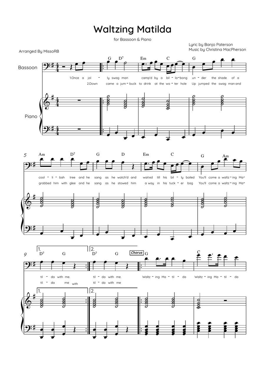 Waltzing Matilda - Bassoon & Piano in A Major With Lyrics & Chords Bassoon Solo scores gallery preview page 1