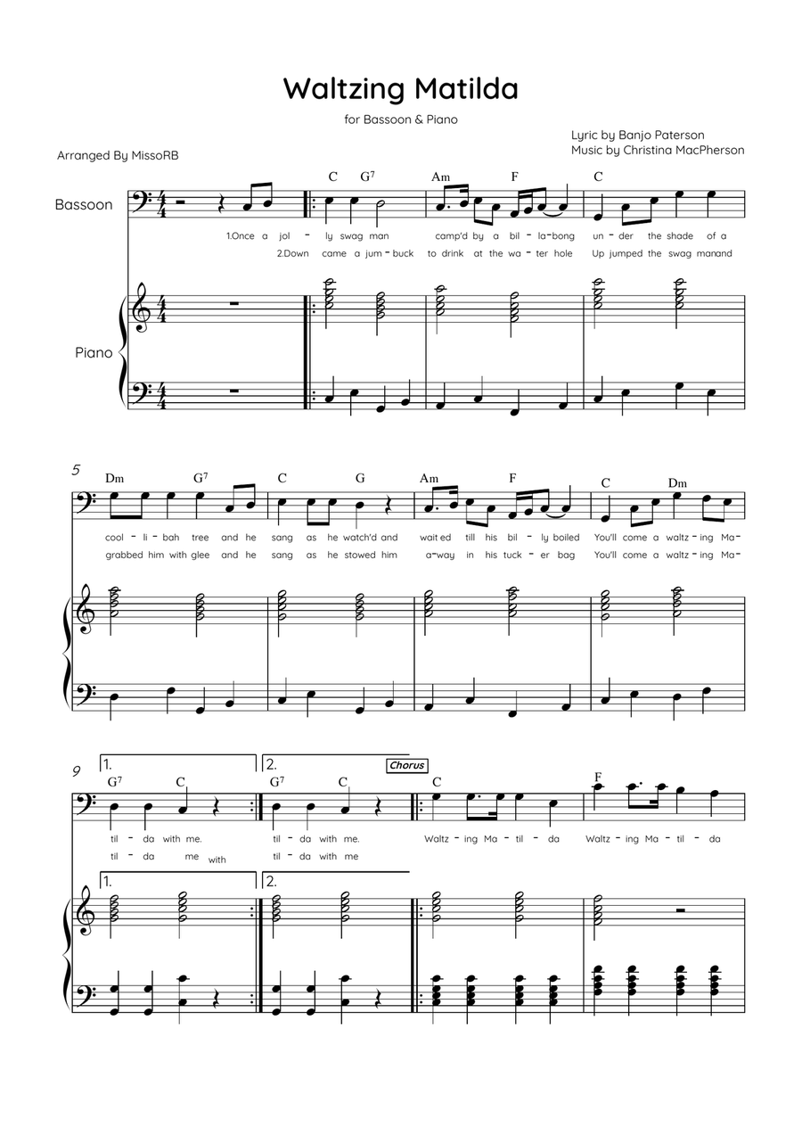 Waltzing Matilda - Bassoon & Piano in C Major With Lyrics & Chords Bassoon Solo scores gallery preview page 1