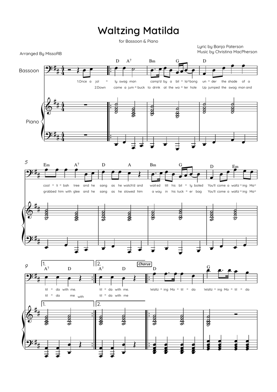Waltzing Matilda - Bassoon & Piano in D Major With Lyrics & Chords Bassoon Solo scores gallery preview page 1