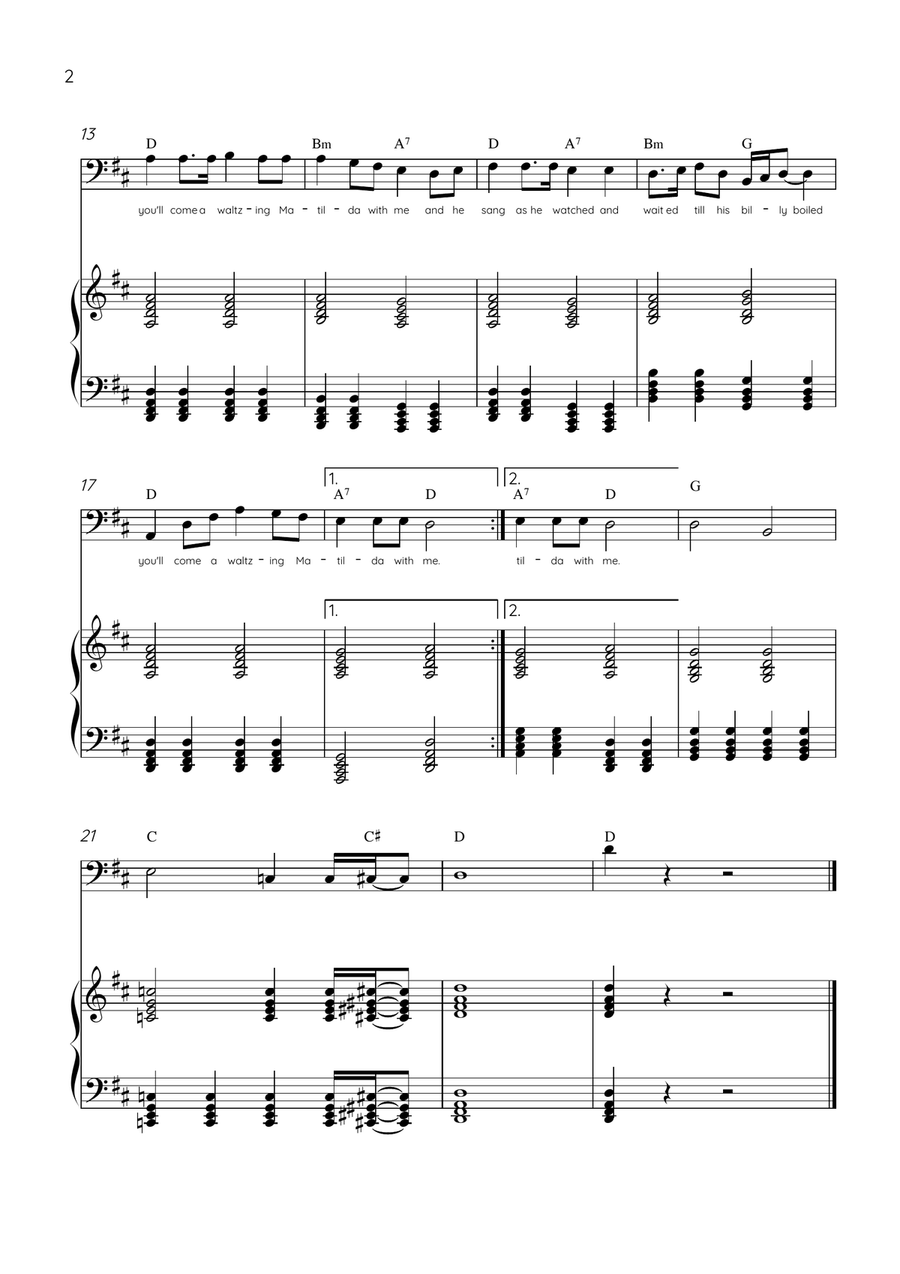 Waltzing Matilda - Bassoon & Piano in D Major With Lyrics & Chords Bassoon Solo scores gallery preview page 2