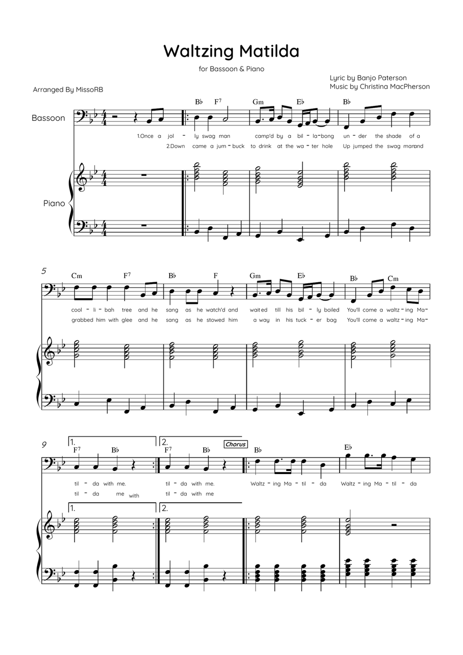 Waltzing Matilda - Bassoon & Piano in Bb Major With Lyrics & Chords Bassoon Solo scores gallery preview page 1