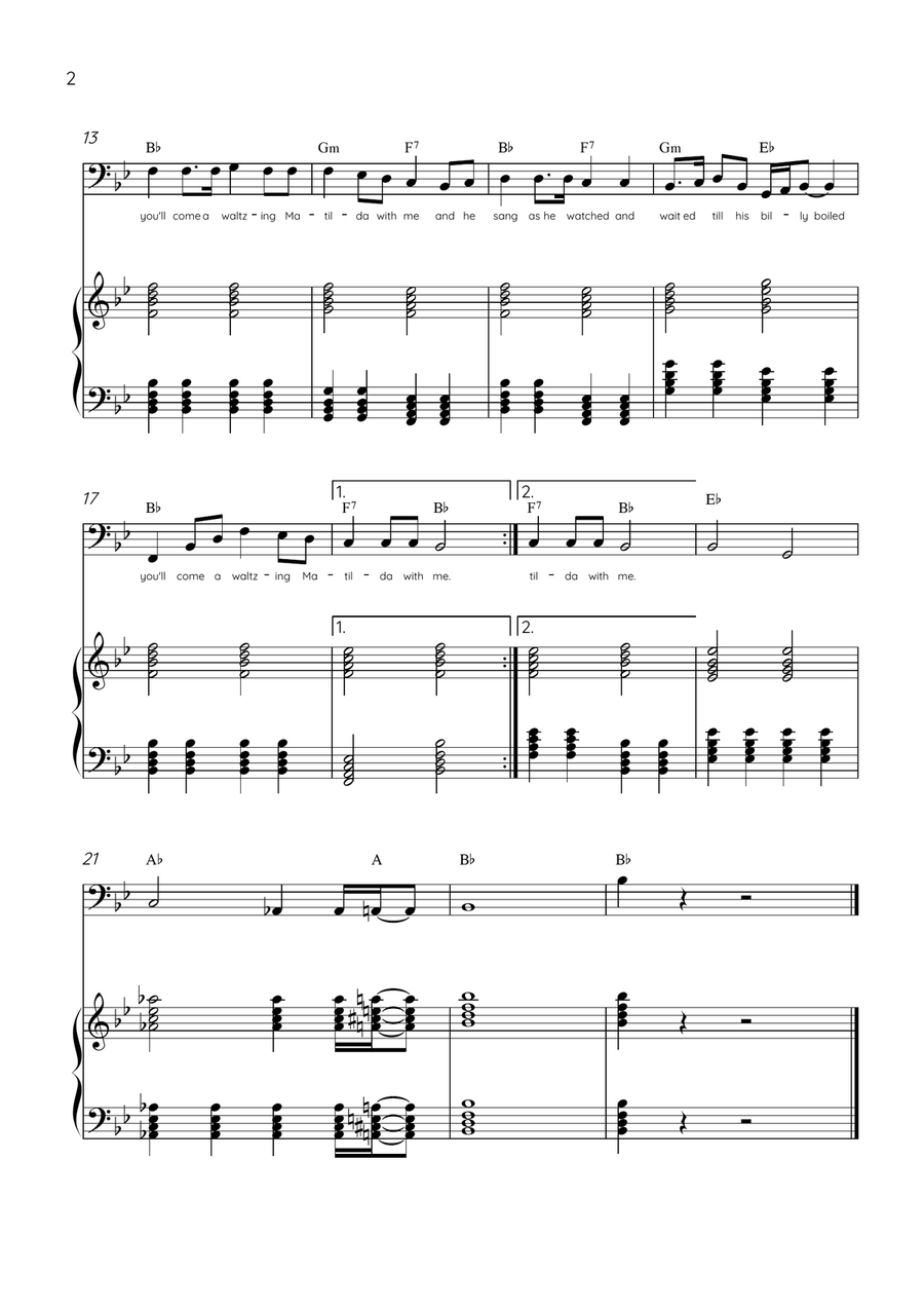 Waltzing Matilda - Bassoon & Piano in Bb Major With Lyrics & Chords Bassoon Solo scores gallery preview page 2