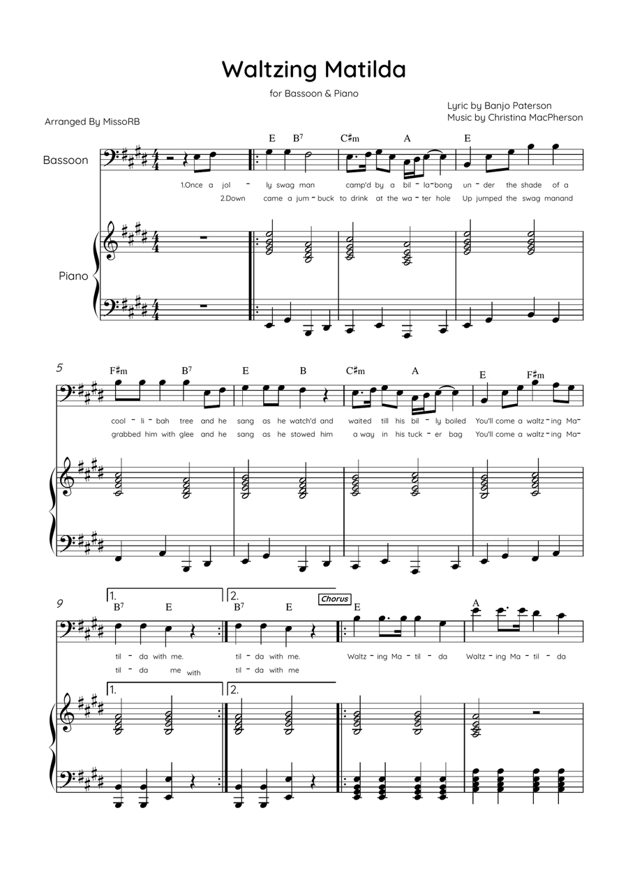 Waltzing Matilda - Bassoon & Piano in E Major With Lyrics & Chords Bassoon Solo scores gallery preview page 1
