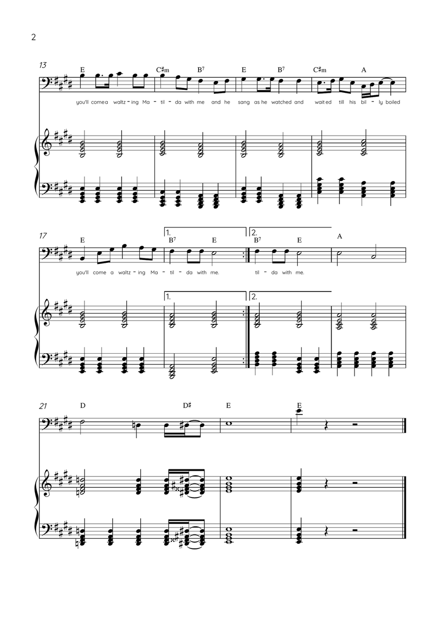 Waltzing Matilda - Bassoon & Piano in E Major With Lyrics & Chords Bassoon Solo scores gallery preview page 2