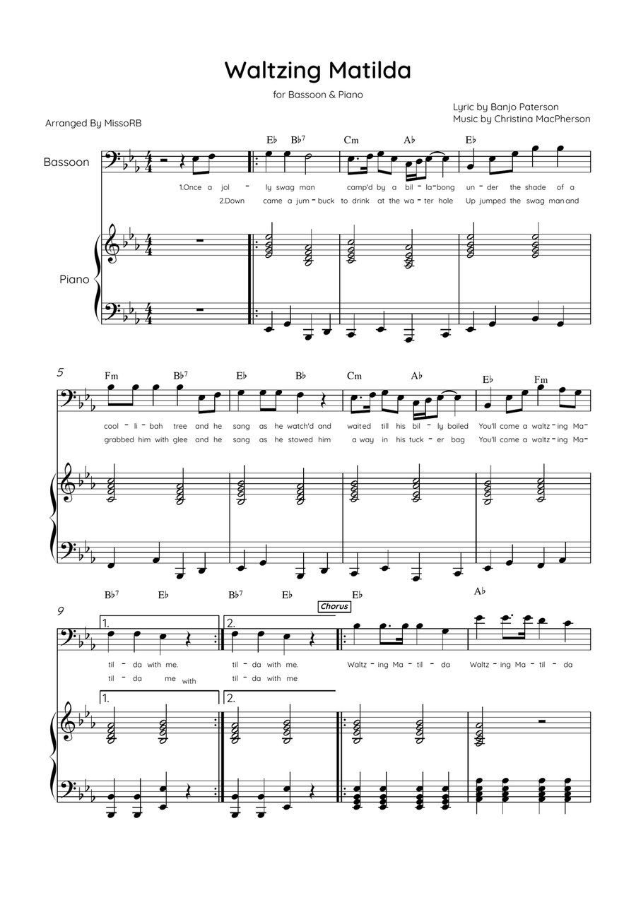 Waltzing Matilda - Bassoon & Piano in Eb Major With Lyrics & Chords Bassoon Solo scores gallery preview page 1