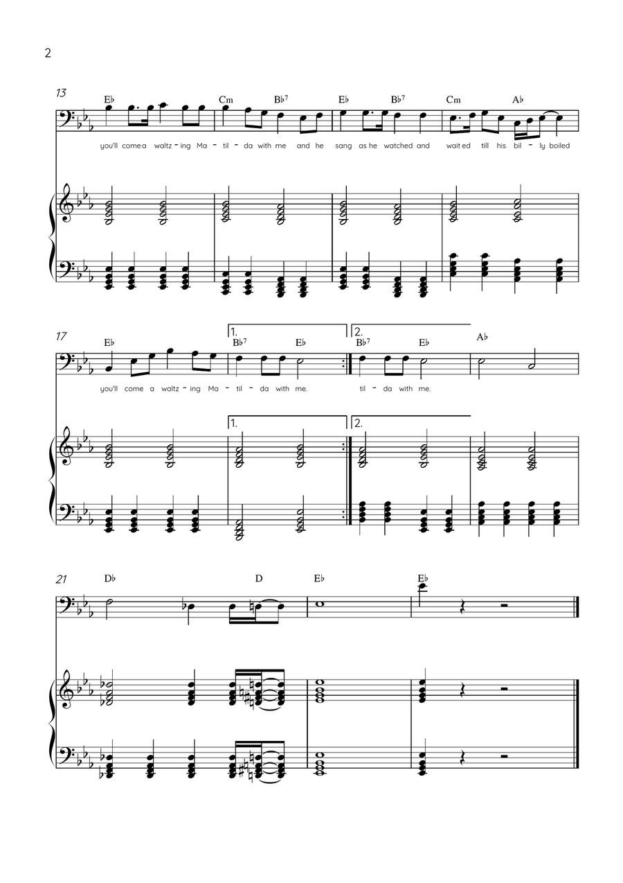 Waltzing Matilda - Bassoon & Piano in Eb Major With Lyrics & Chords Bassoon Solo scores gallery preview page 2