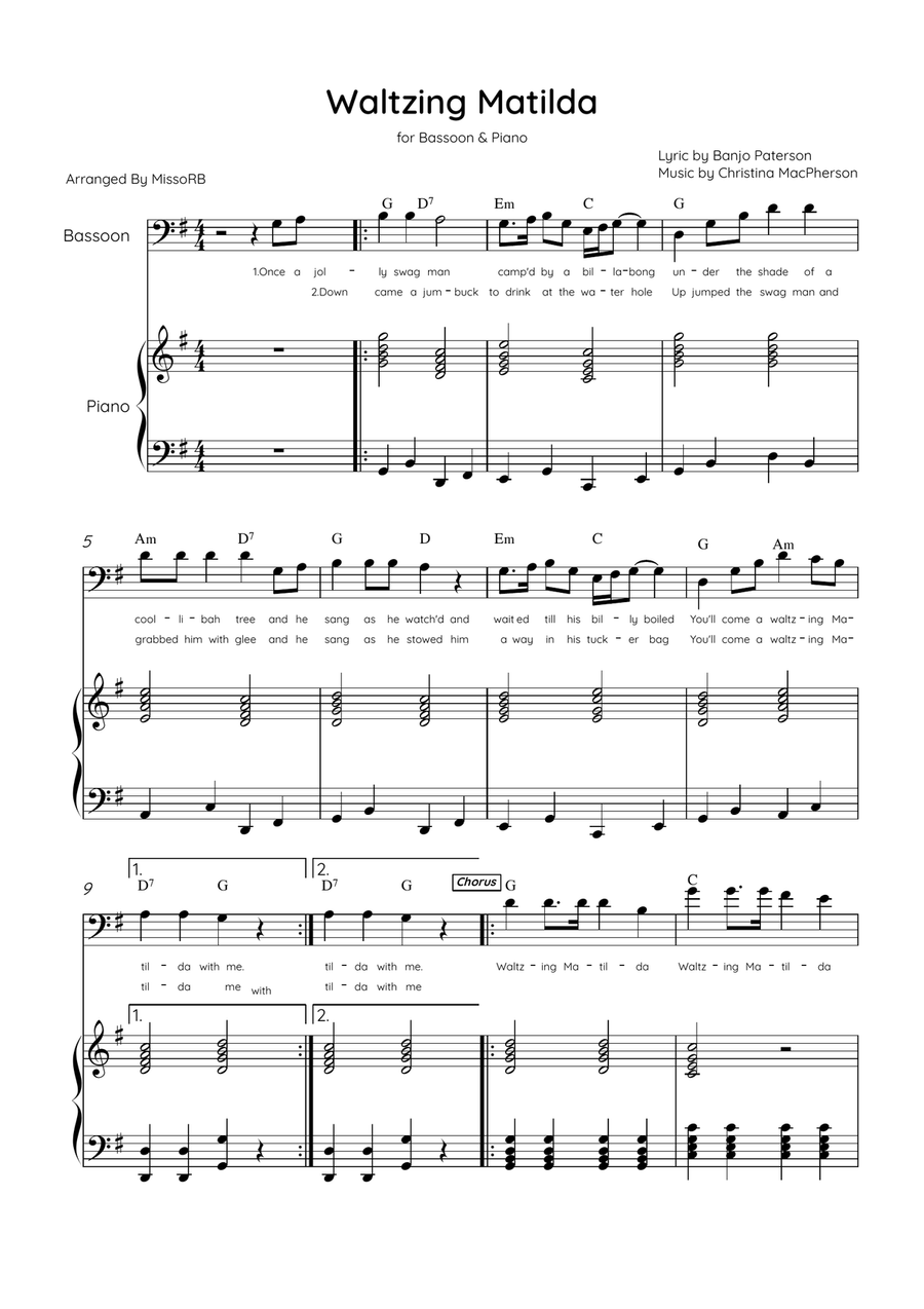 Waltzing Matilda - Bassoon & Piano in G Major With Lyrics & Chords Bassoon Solo scores gallery preview page 1