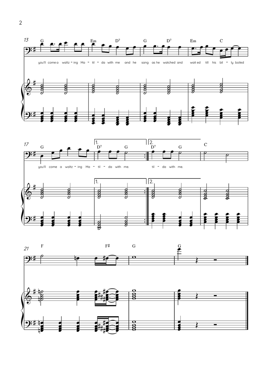 Waltzing Matilda - Bassoon & Piano in G Major With Lyrics & Chords Bassoon Solo scores gallery preview page 2