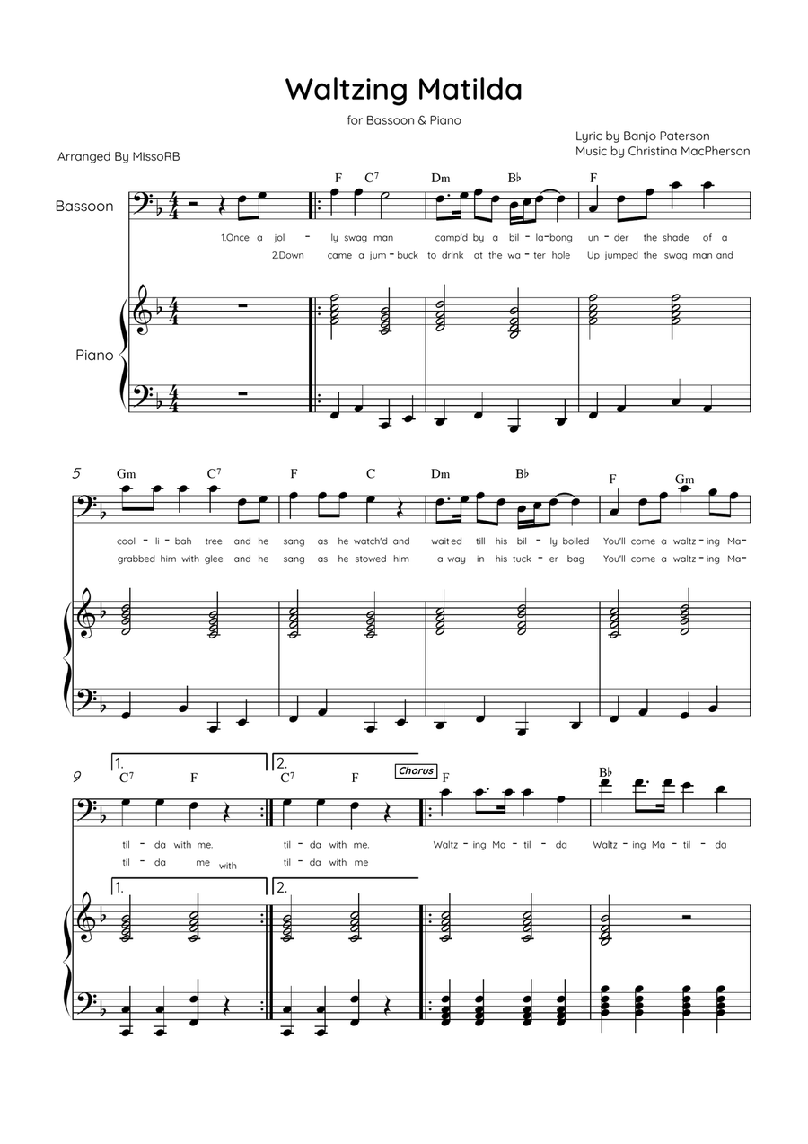 Waltzing Matilda - Bassoon & Piano in F Major With Lyrics & Chords Bassoon Solo scores gallery preview page 1